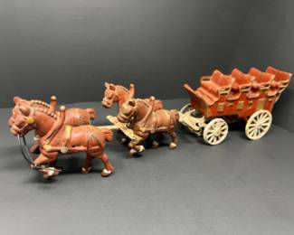 Vintage Painted Cast Iron Horses & Carriage - 18"L