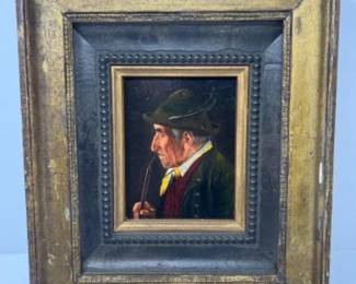 Antique Painting - Blue Eyed German - Austrian Man Smoking Pipe
