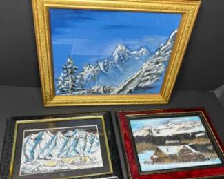 Trio of Original Framed Snowy Mountain Landscape Art