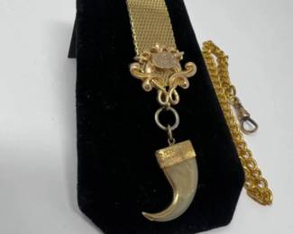 Vintage Victorian Style Gold Tone Pocket Watch Chain with Real Tiger Claw