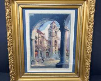 Vintage Havana Cathedral Cuba Signed Al Mettel in Ornate Gold Frame