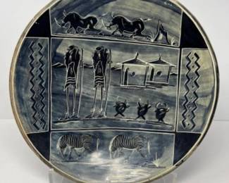Vintage Stoneware Blue & White Tribal African Scene Dish - 14"D