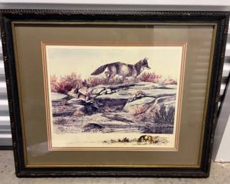 Signed 1982/1994 Larry Simons Wolf & Jack Rabbit Framed Art Print