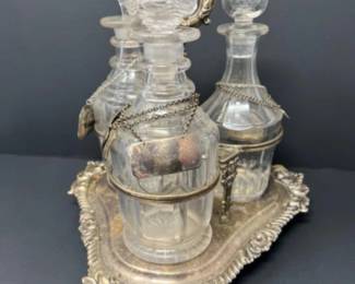 Antique Glass Decanters & Stoppers in Ornate Trefoil Silverplate Stand