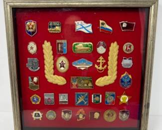 (34) Framed Soviet Union Medal / Pins - Enameled Brass