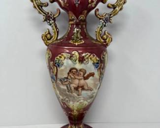 Vintage Rococo Revival Red & Gold Double Handled Ceramic Urn