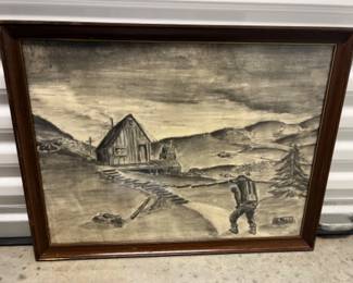 Original Rustic Cabin & Hiker Framed Drawing