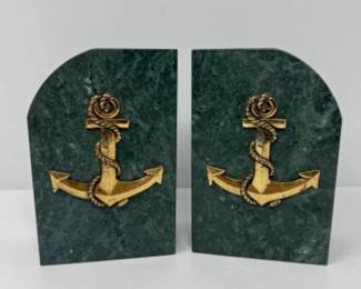 Vintage Green Granite & Anchor Maritime - Nautical Bookends