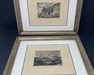 Framed Vintage Lisbon Etching Print Pair