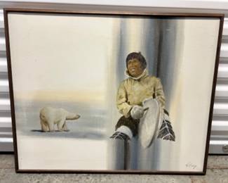 Original Mid-Century Original H. Wong Inuit & Polar Bear Painting