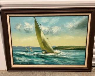 Original Signed Leaning Sailboat Painting