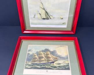 Vintage Sailing Ships Litho Prints in Red Frames