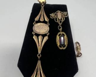 Antique Gold Tone 1912 Watch Chain & Victorian Brooch