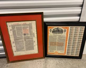 Antique Framed Pages - Reading Railroad Stock & de Consuetudine