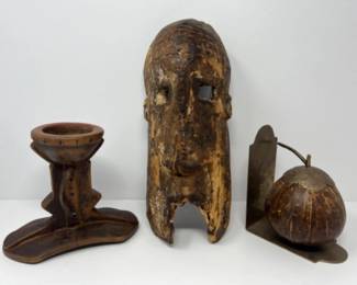 Antique Wood Mask & Turkana Headrest + Brass & Coconut Bookend