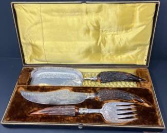 Cased Antique Silver Plated Cutlery - Horn Handle w/ Ornate Design