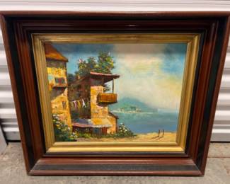 Vintage Amalfi Coast Original Oil on Canvas Painting in Antique Frame