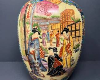 Vintage Hand Painted Decorative Textured Geisha Porcelain Vase