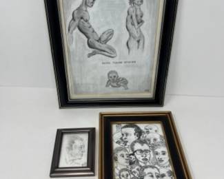 Trio of Framed Pencil & Pen Figure Sketches