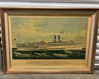 Vintage Currier & Ives Framed Art Print - Providence and Stonington Steamships