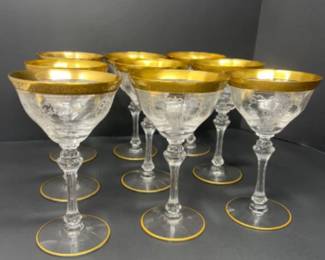 (9) Vintage Gold Rimmed Floral Etched Cordial Glasses