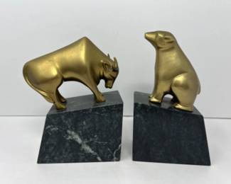 Vintage 1970s Heavy Retro Brass Bear And Bull On Marble Bookends
