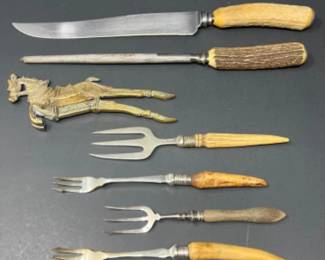 Antique & Vintage Horn Handled Knife, Sharpener, & Forks - Betel Nut Cutter