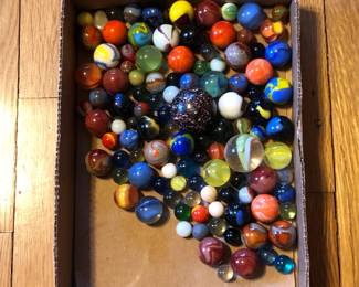 Box Lid Full of Vintage Mixed Marbles