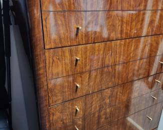 Available for Presale: B3 Black & Brown Drexel Heritage Furnishings. Black Lacquered Top & Wood Veneer. 8 Drawers. Top Lacquered Has Minor Chips on it. H 52" x W35" x 19" 