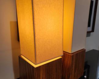 Available for Presale. L1 Two Zebra wood square lamps – purchased from Gary Mertins Design, Inc. H 26" x W 8".