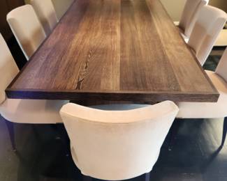 Available for Presale: Wenge table with two panel legs and stainless steel rod trestle with seating available for 8 chairs.. 78”x42”x29”  Custom table and mirror made by Gary Corum of Hot Springs, AR – purchased in 1998. Excellent condition. Absolutely stunning in person.