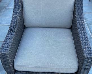 Available for Presale 02: Belvedere Manufactured Wicker Love Seat, Side Chair, Coffee Table with glass top & 2 Side Tables with glass top (wicker is deteriorating on the Love Seat and Chair; tables seem to be OK).  Loveseat H 37" x W 53" x D 21". Side Chair: 37" x 29" x 21". 