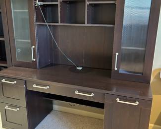 Available for Presale. D2 Desk–Office Depot laminated furniture . Has pull out draw for keyboard, cabinet for computer tower, holes in desktop for chord management, deep drawer left side, and file draw left side. 73"H x 66"W x 24"D.