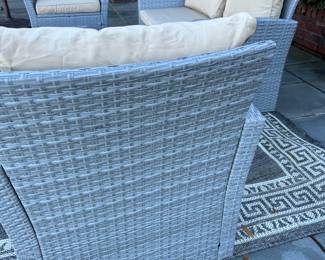 Available for presale. O2 . Wayfair – Similar to Freeport Park Friley 4-person outdoor seating set - Loveseat and 2 armchairs w/ cushions and coffee table with glass top – resin wicker – purchased in 2023. Comes with outdoor rug. Loveseat H 29" x W 49" x D 24" Side Chair  H 29" x W 28" x 29"D. Table 14" x 34" x 20". 