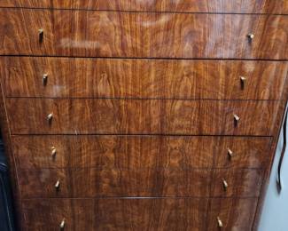 Available for Presale: B3 Black & Brown Drexel Heritage Furnishings. Black Lacquered Top & Wood Veneer. 8 Drawers. Top Lacquered Has Minor Chips on it. H 52" x W35" x 19"  