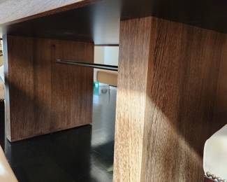 Available for Presale: Wenge table with two panel legs and stainless steel rod trestle with seating available for 8 chairs.. 78”x42”x29”  Custom table and mirror made by Gary Corum of Hot Springs, AR – purchased in 1998. Excellent condition. Absolutely stunning in person.