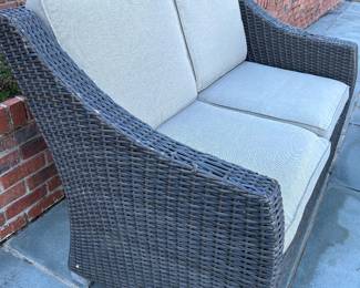 Available for Presale 02: Belvedere Manufactured Wicker Love Seat, Side Chair, Coffee Table with glass top & 2 Side Tables with glass top (wicker is deteriorating on the Love Seat and Chair; tables seem to be OK).  Loveseat H 37" x W 53" x D 21". Side Chair: 37" x 29" x 21". 