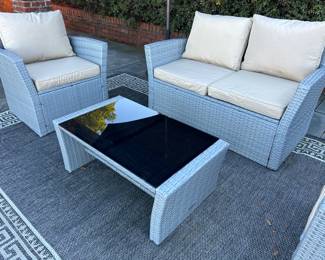 Available for presale. O2 . Wayfair – Similar to Freeport Park Friley 4-person outdoor seating set - Loveseat and 2 armchairs w/ cushions and coffee table with glass top – resin wicker – purchased in 2023. Comes with outdoor rug. Loveseat H 29" x W 49" x D 24" Side Chair  H 29" x W 28" x 29"D. Table 14" x 34" x 20". 