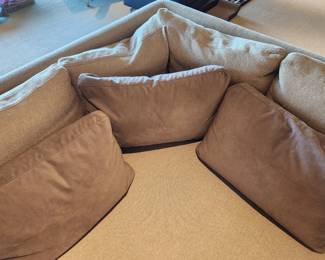 Available for Presale: C2- Elle Sectional, Dellarobbia Sectional with metal legs – purchased  from Cantoni Furniture, Dallas, TX. Very minor flaws on corner (please see photo details) – Retails for $12,000.00. R Exterior- Center 10'. Corner to L Exterior-10'. D 3'. Seat H: 15" Back H: 30"
Covered the front sectional pillows with Henry Calvin fabric (33 yds #10245 purchased) – for fabric – (extra fabric is available to go with the sectional).