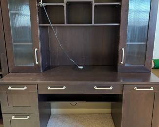 Available for Presale. D2 Desk–Office Depot laminated furniture . Has pull out draw for keyboard, cabinet for computer tower, holes in desktop for chord management, deep drawer left side, and file draw left side. 73"H x 66"W x 24"D.