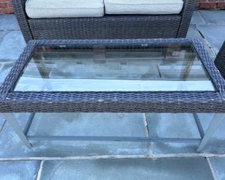 Available for Presale 02: Belvedere Manufactured Wicker Love Seat, Side Chair, Coffee Table with glass top & 2 Side Tables with glass top (wicker is deteriorating on the Love Seat and Chair; tables seem to be OK).  Loveseat H 37" x W 53" x D 21". Side Chair: 37" x 29" x 21". 
