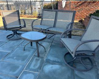 Available for Presale. O7-Winston Nickel Aluminum Outdoor Furniture: Purchased Summer 2008 from Ken Rash’s of AR. (fair-to moderate condition, some fading of metal and drying out of sling material, some minor scratches)
Love Seat Glider – 37" H x 45" W x 19"D
2 Highback Stilt Chairs – 37" H x 21" W x 18"D .     
 Oval Table – 18" H x 25" W x 19"D