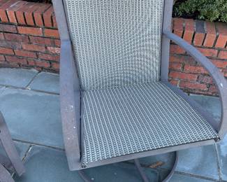 Available for Presale. O7-Winston Nickel Aluminum Outdoor Furniture: Purchased Summer 2008 from Ken Rash’s of AR. (fair-to moderate condition, some fading of metal and drying out of sling material, some minor scratches)
Love Seat Glider – 37" H x 45" W x 19"D
2 Highback Stilt Chairs – 37" H x 21" W x 18"D .     
 Oval Table – 18" H x 25" W x 19"D