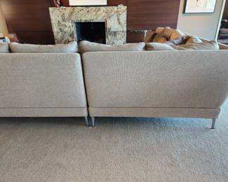 Available for Presale: C2- Elle Sectional, Dellarobbia Sectional with metal legs – purchased  from Cantoni Furniture, Dallas, TX. Very minor flaws on corner (please see photo details) – Retails for $12,000.00. R Exterior- Center 10'. Corner to L Exterior-10'. D 3'. Seat H: 15" Back H: 30"
Covered the front sectional pillows with Henry Calvin fabric (33 yds #10245 purchased) – for fabric – (extra fabric is available to go with the sectional).