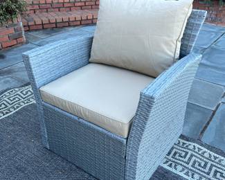 Available for presale. O2 . Wayfair – Similar to Freeport Park Friley 4-person outdoor seating set - Loveseat and 2 armchairs w/ cushions and coffee table with glass top – resin wicker – purchased in 2023. Comes with outdoor rug. 