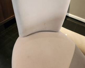 Available for Presale: Velvet Dining Room Chairs, Set of 8. Back H 34", Seat H 18", W 20" x D 17"  Some very minor staining, please inspect the chairs closely in each picture. Price reflects minor flaws. 8 Mike Tabac armless side chairs with custom sand velvet fabric and Antique bronze nail head trim purchased in 1998 from Gary Mertins Design, Inc
 