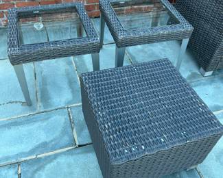 Available for Presale 02: Belvedere Manufactured Wicker Love Seat, Side Chair, Coffee Table with glass top & 2 Side Tables with glass top (wicker is deteriorating on the Love Seat and Chair; tables seem to be OK).  Loveseat H 37" x W 53" x D 21". Side Chair: 37" x 29" x 21". 