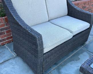 Available for Presale 02: Belvedere Manufactured Wicker Love Seat, Side Chair, Coffee Table with glass top & 2 Side Tables with glass top (wicker is deteriorating on the Love Seat and Chair; tables seem to be OK).  Loveseat H 37" x W 53" x D 21". Side Chair: 37" x 29" x 21". 