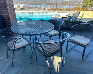 Available for Presale. O6 Wrought Iron Patio Table &  5 Chairs. Table: H 29" x W 41". Chair: H 31" x W 19" x D 19". Purchased McKay Outdoor Furnishings in Rhode Island. 