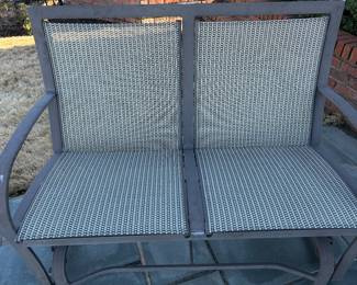 Available for Presale. O7-Winston Nickel Aluminum Outdoor Furniture: Purchased Summer 2008 from Ken Rash’s of AR.  (fair-to moderate condition, some fading of metal and drying out of sling material, some minor scratches)
Love Seat Glider – 37" H x 45" W x 19"D
2 Highback Stilt Chairs – 37" H x 21" W x 18"D .     
 Oval Table – 18" H x 25" W x 19"D